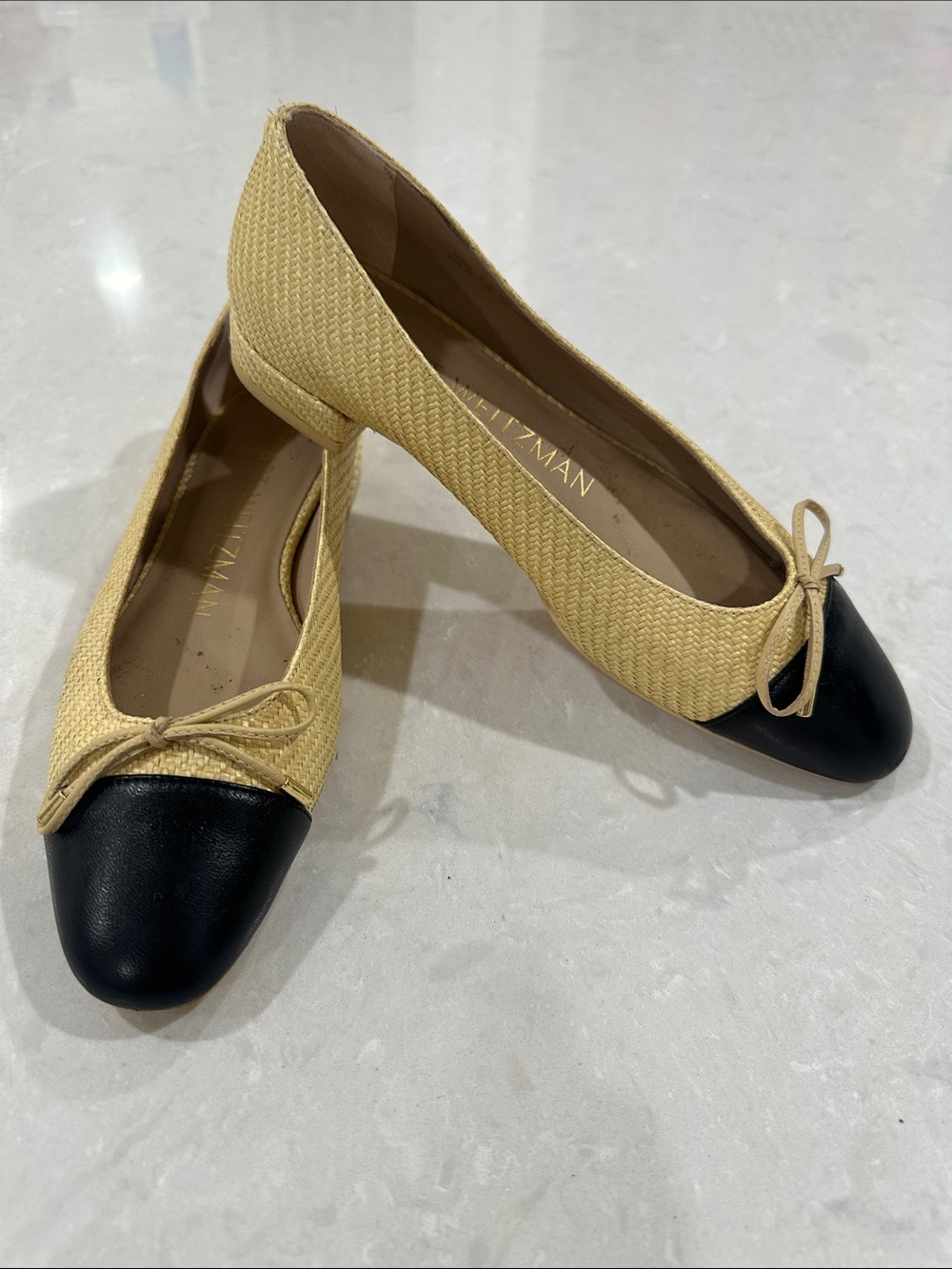Stuart Weitzman Yellow Woven raffia Ballet Flats with Black CapToe